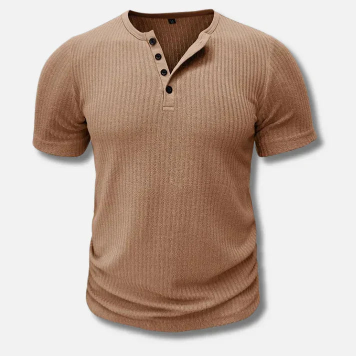 Versatile men's short-sleeve slim-fit Henley shirt. Button-down design for casual everyday wear or layering.