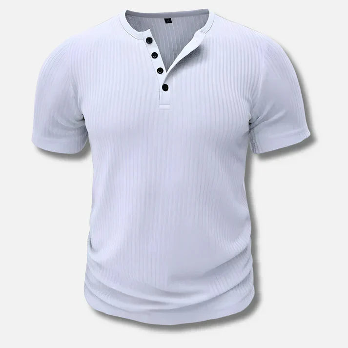 Modern men's slim-fit Henley t-shirt. Button closure and short sleeves for a versatile, casual, and stylish look.