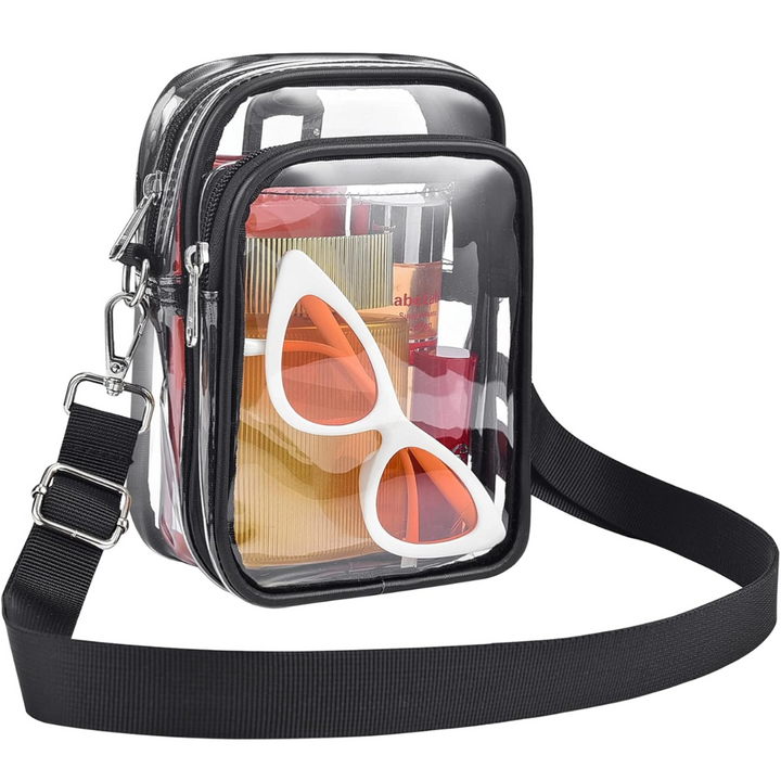 Small transparent crossbody handbag for women, clear PVC, perfect for stadium events & concerts.