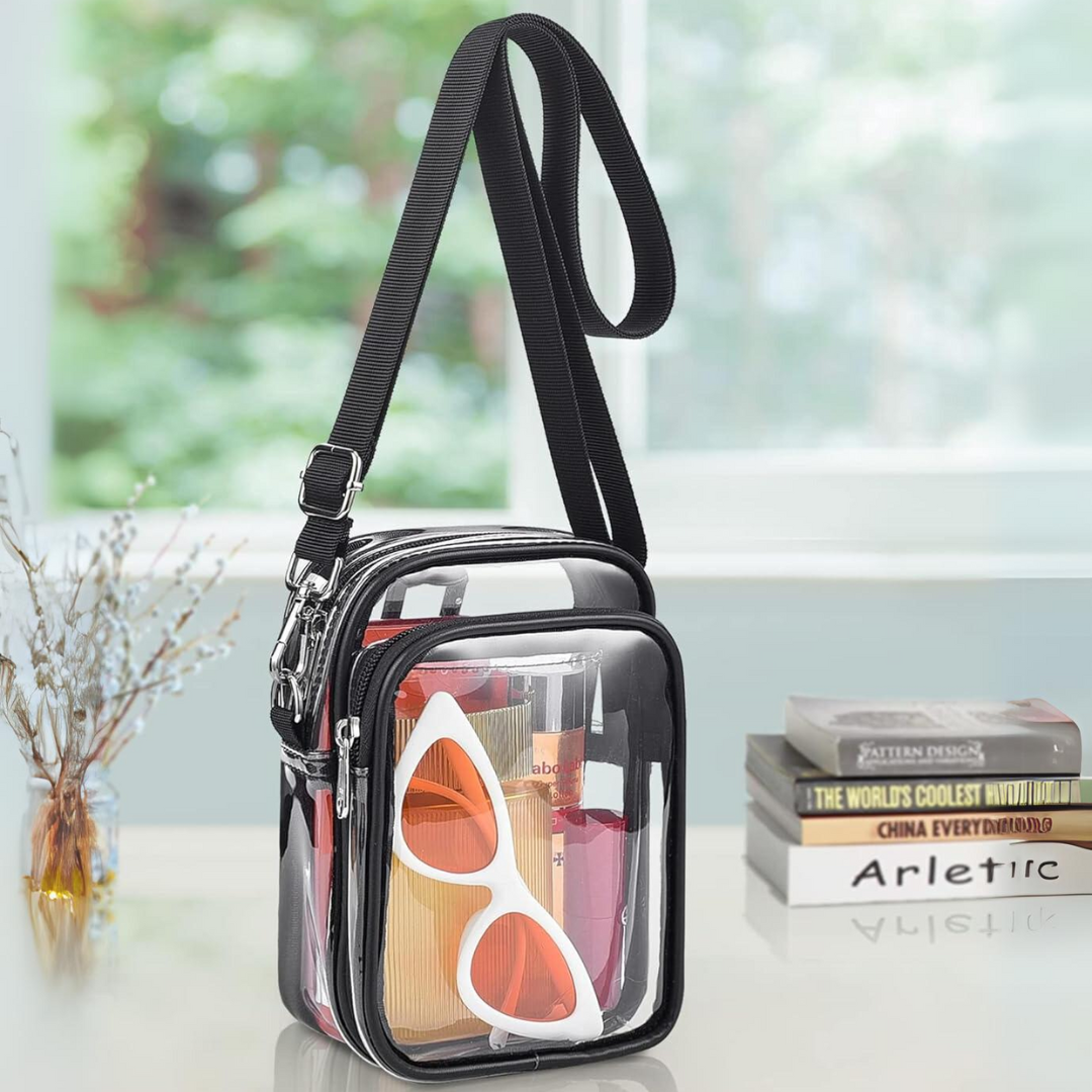 Stadium-approved small clear crossbody bag for women, ideal transparent event bag with a secure strap.