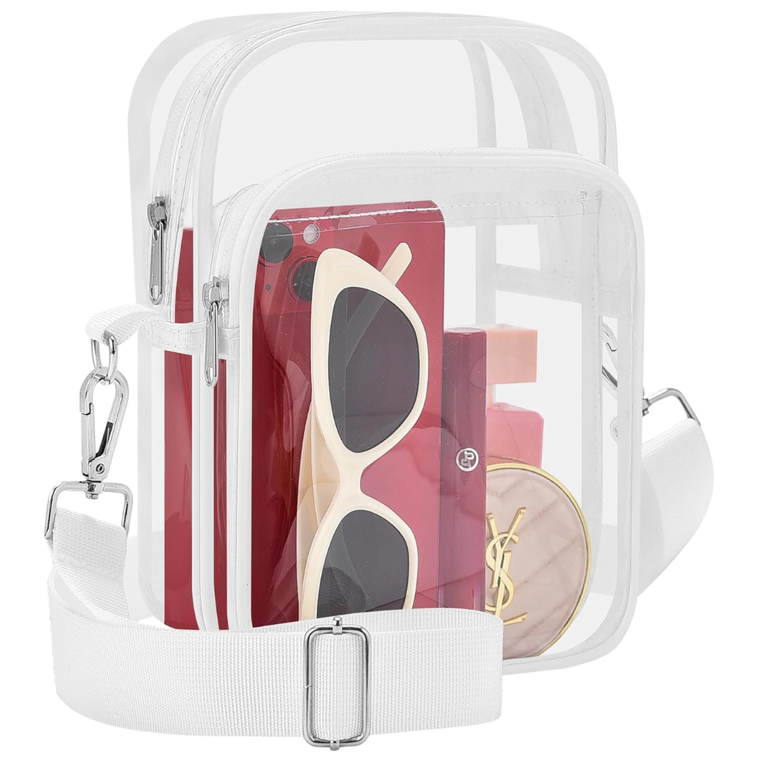 Clear PVC mini handbag with adjustable & removable strap, ideal women's event or concert crossbody.