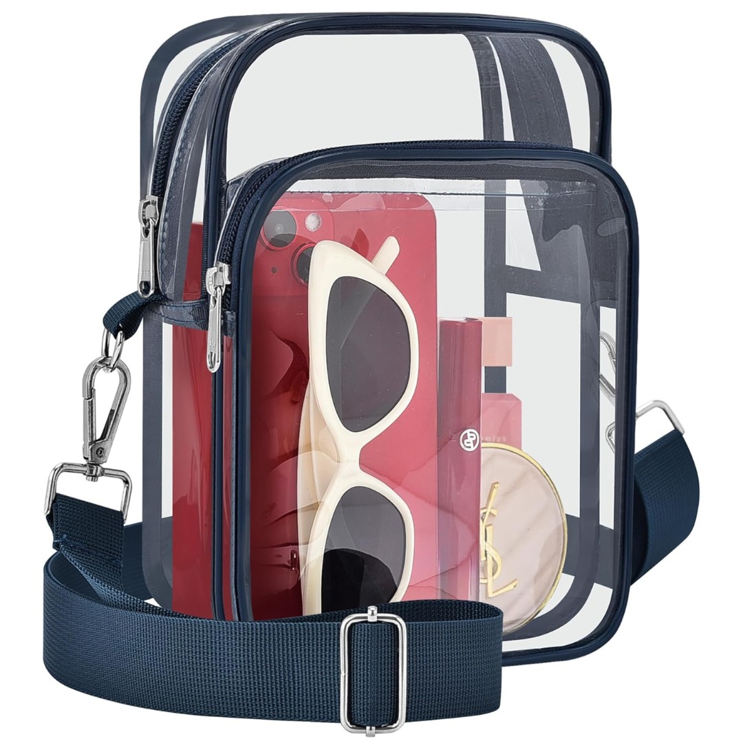 Compact clear stadium-approved crossbody bag for women, stylish transparent PVC fashion accessory.