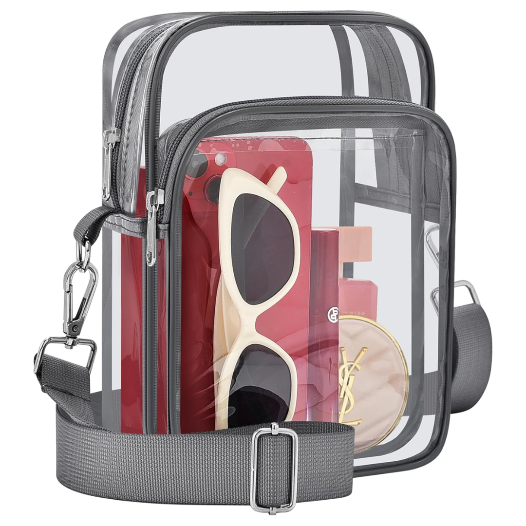 Women's small transparent crossbody bag with removable strap, a versatile clear fashion accessory.