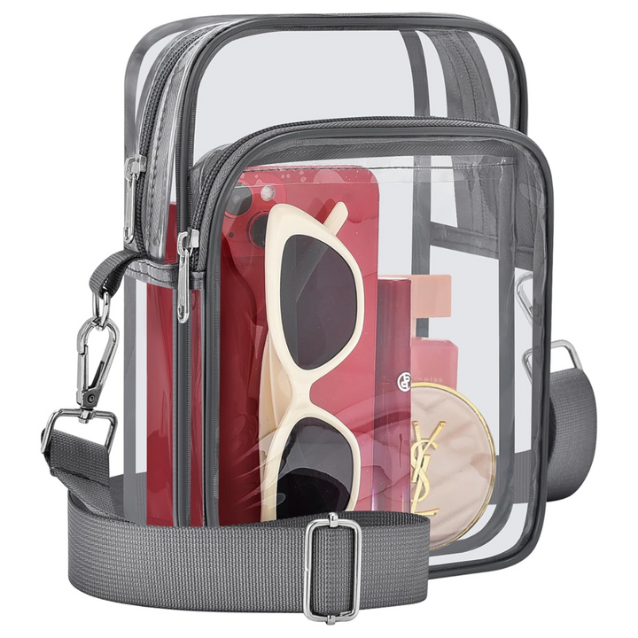 Women's small transparent crossbody bag with removable strap, a versatile clear fashion accessory.