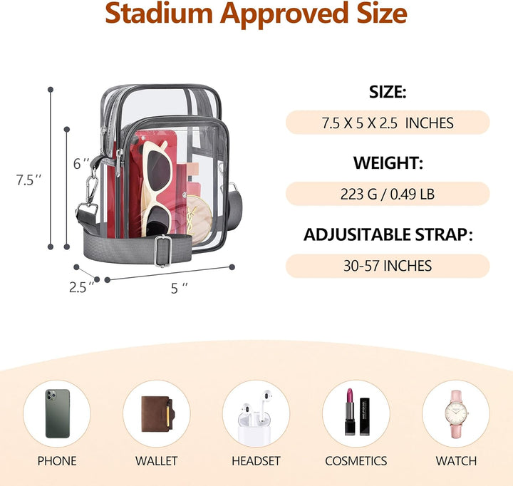 MiniVue clear PVC crossbody handbag for women, stadium-approved, concert-ready, adjustable strap.