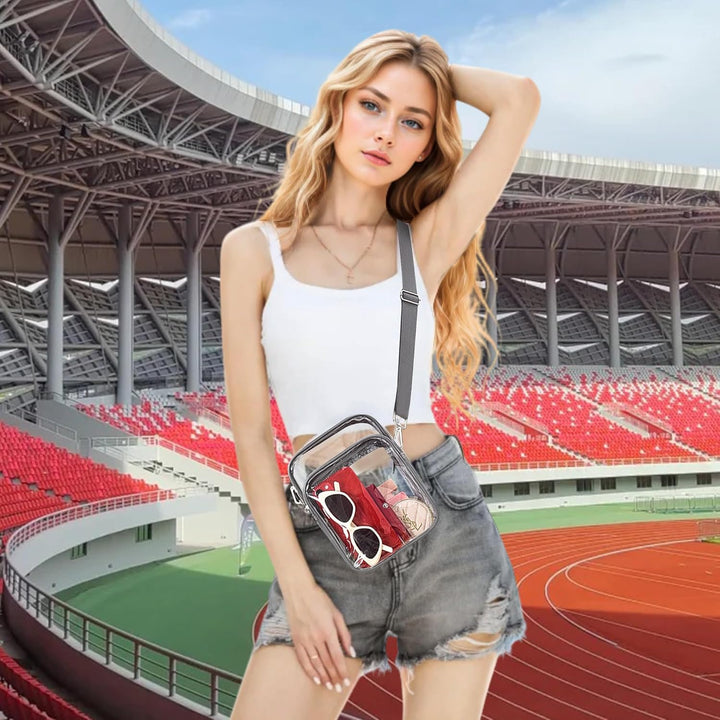 Transparent women's crossbody bag, clear PVC material, compact and perfect for events with security.