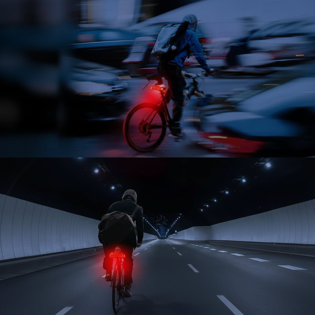 Commuter smart bicycle rear light with anti-theft alarm. Waterproof design for all-weather outdoor cycling.