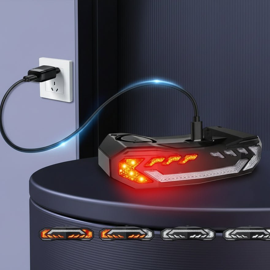 Smart bicycle rear light with motion-sensing anti-theft alarm. Improves visibility & bike security.