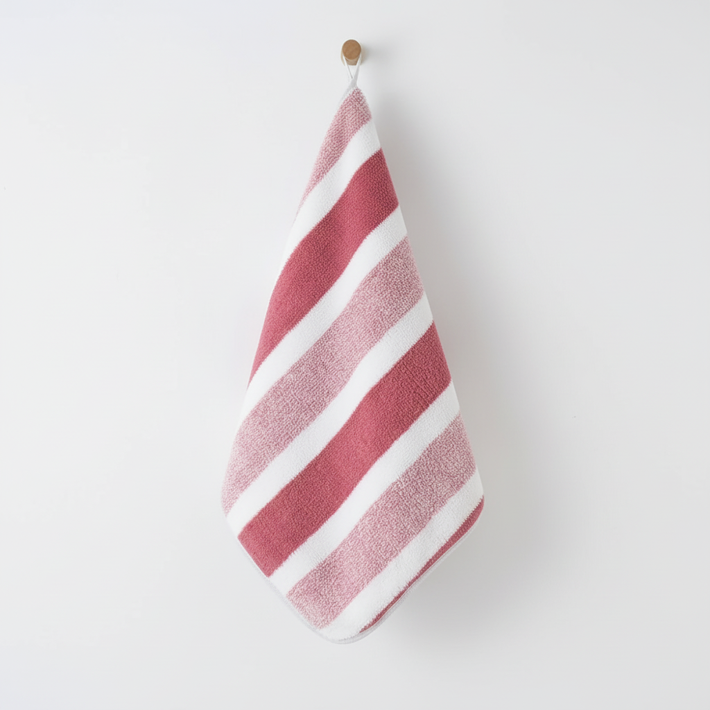 Striped coral fleece towel set for bathroom. Soft, absorbent polyester towels, perfect for modern home decor.