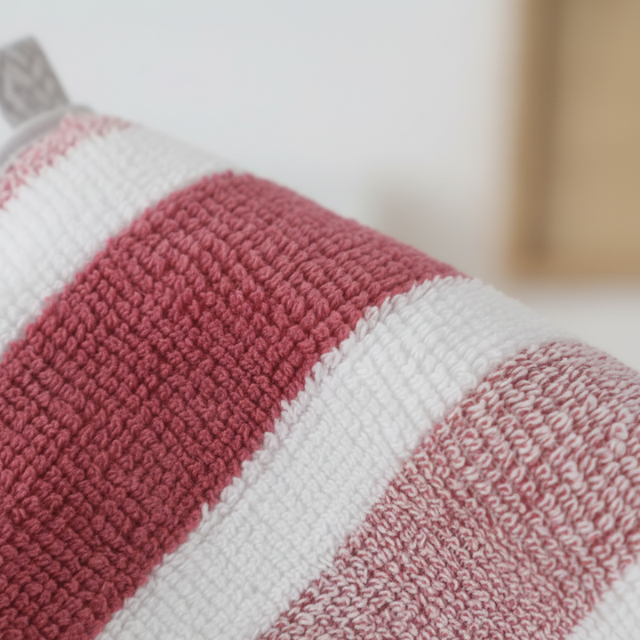 Luxurious soft coral fleece towel set, highly absorbent for bathroom. Striped polyester for elegant home decor.