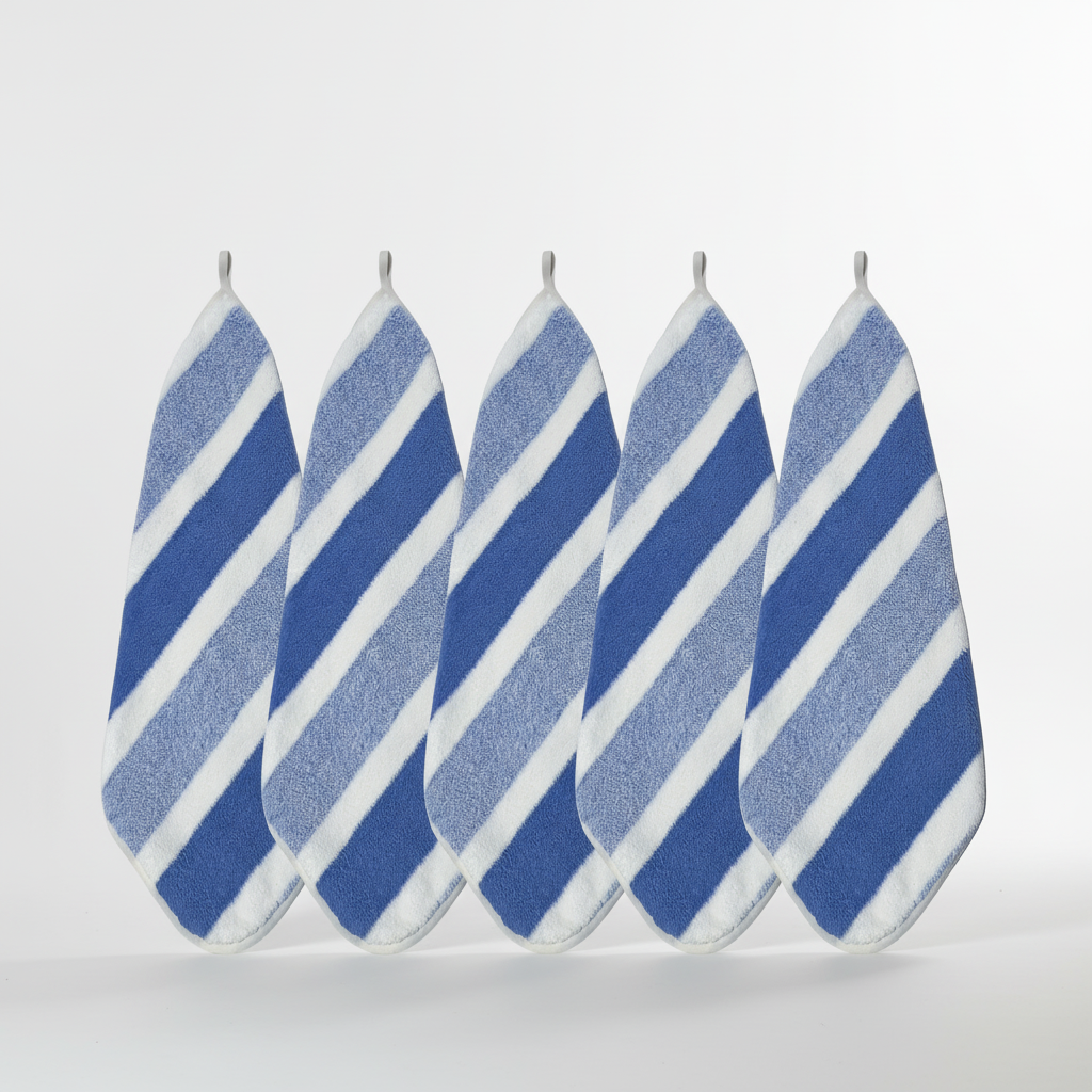 Soft coral fleece striped towel set, absorbent and decorative for any modern bathroom. Polyester home decor.