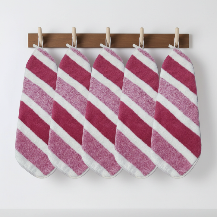 Soft, absorbent striped coral fleece towel set. Quick-drying polyester bathroom towels enhance home decor.