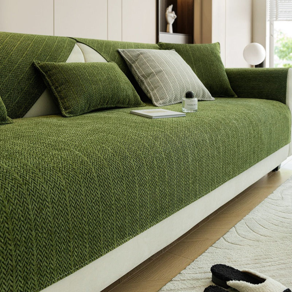 Washable chenille anti-scratch couch cover for living room. Non-slip furniture protector & stylish home decor.