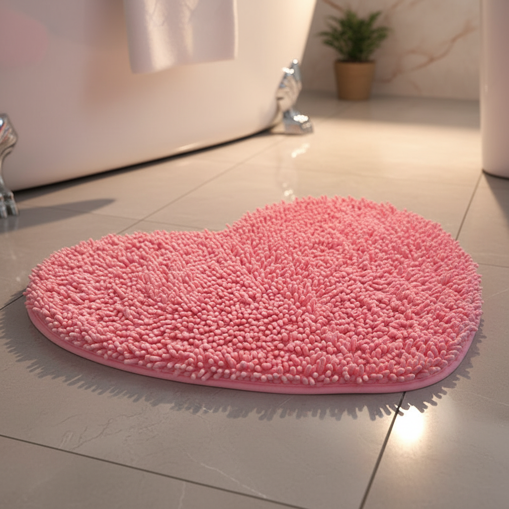 Soft heart-shaped chenille bath mat for cozy bathroom decor. Absorbent & anti-slip comfort.
