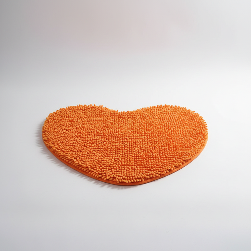 Plush heart-shaped shower mat made of soft, absorbent chenille microfiber for ultimate bathroom comfort.