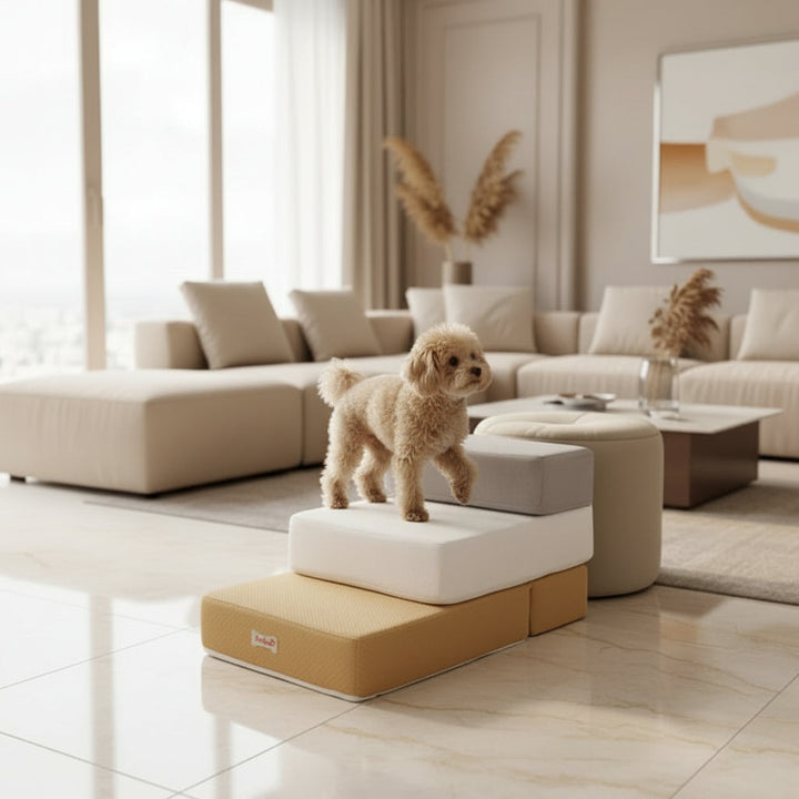 Soft pet steps for dogs & cats, providing safe furniture access & crucial joint support.