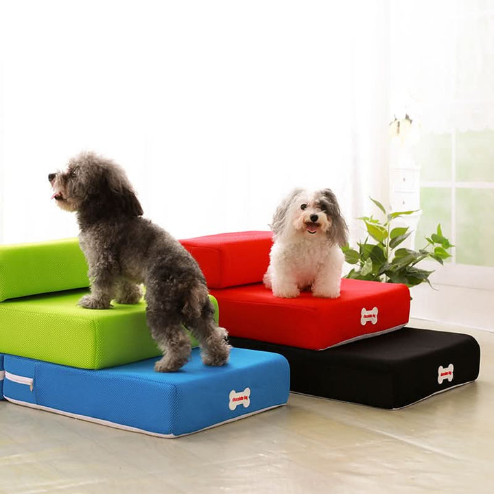 Small dog steps, soft & safe, aiding little pets to reach high beds & sofas comfortably.