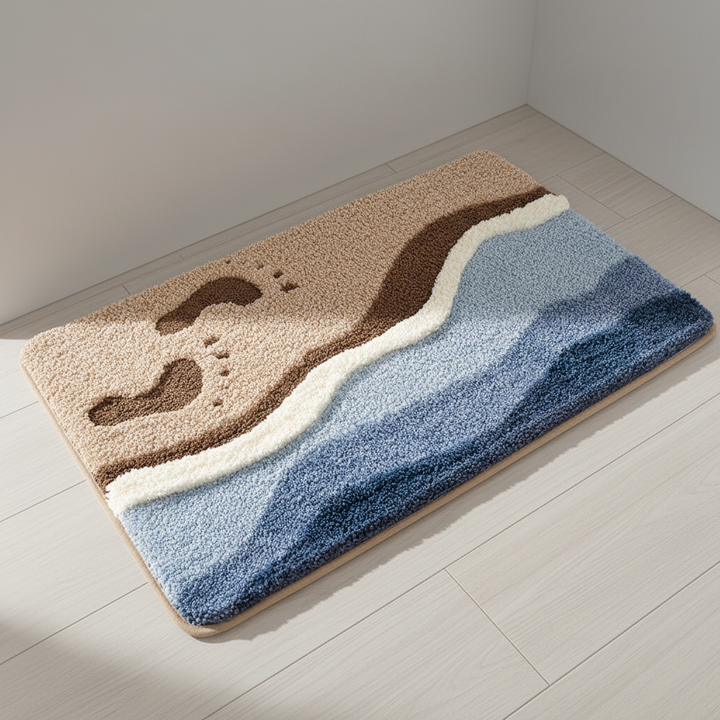 Soft plush non-slip bathroom floor mat, serene nature inspired design. Absorbent & cozy.