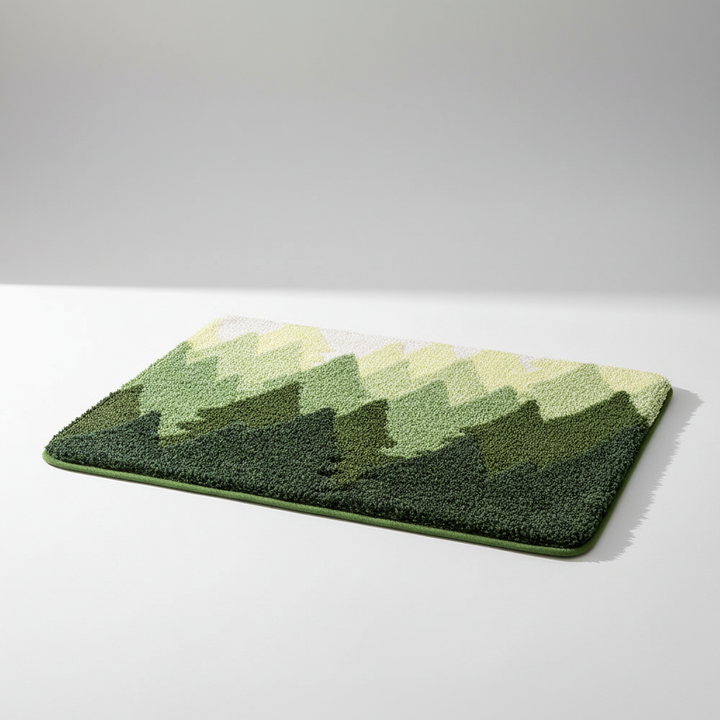 Non-slip, absorbent soft plush bathroom mat. Serene nature decor adds comfort & safety to your home.