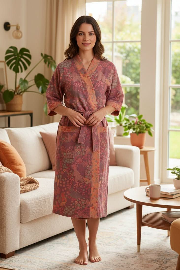 Soft women's lightweight lounging bathrobe, comfortable for relaxation and stylish home wear.