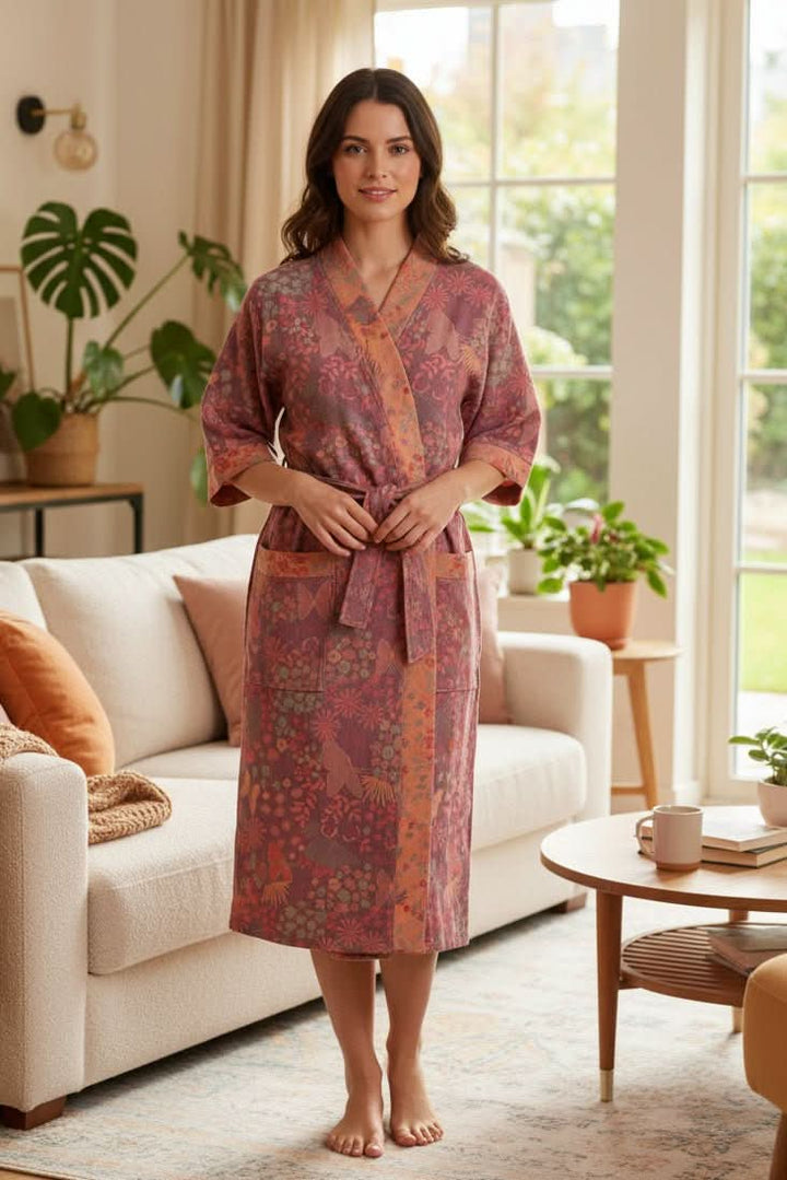 Soft women's lightweight lounging bathrobe, comfortable for relaxation and stylish home wear.