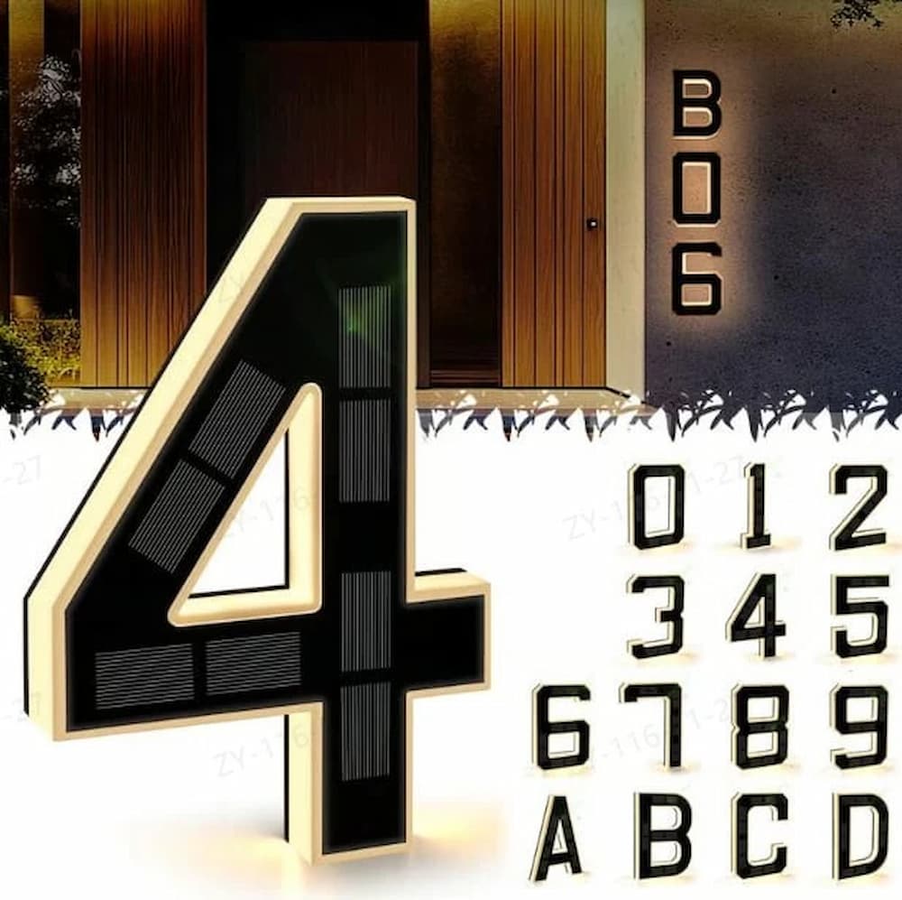 Wireless solar powered house number sign, simple outdoor installation, no wiring needed.