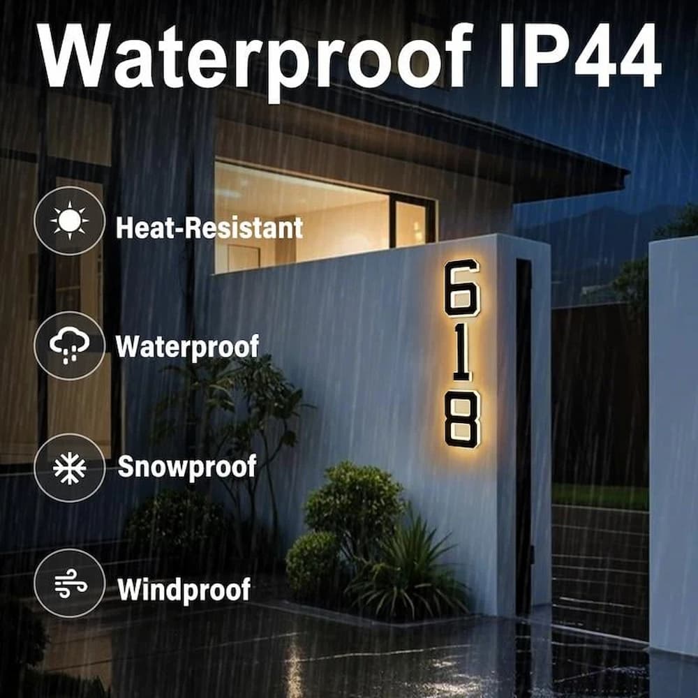 Detailed view of solar house number display showing clear, illuminated digits for outdoor visibility.