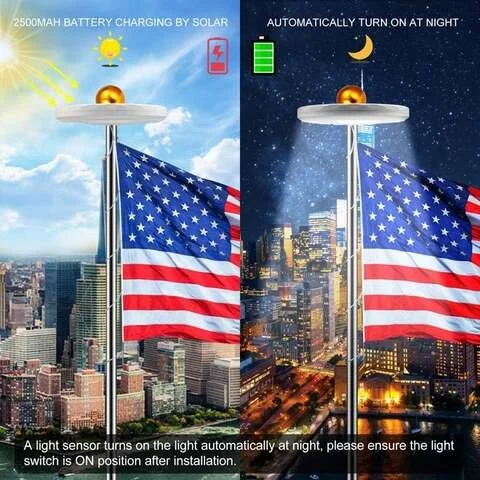 "Solar-powered LED flagpole light with 26 bright LEDs, illuminating flags at night; waterproof and easy to install."