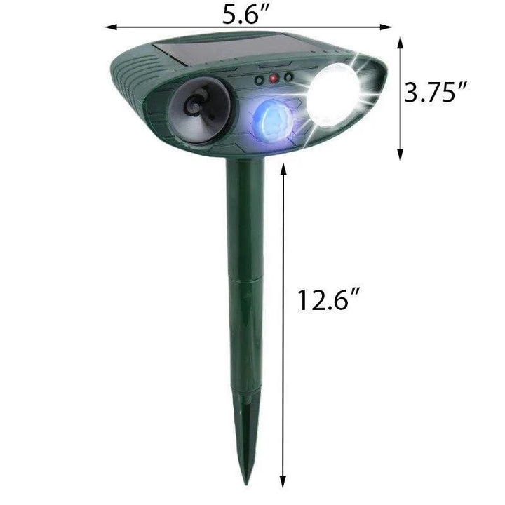 "Solar-powered ultrasonic deer repeller stake pack, eco-friendly, motion-activated for gardens, weather-resistant design."