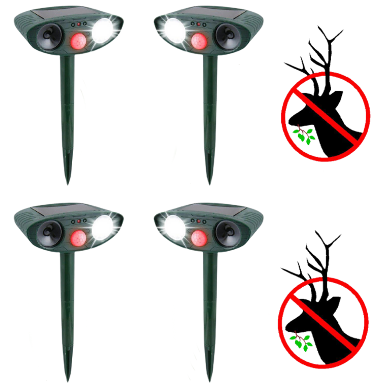 "Solar-powered ultrasonic deer repeller stake pack, eco-friendly, motion-activated for gardens, weather-resistant design."