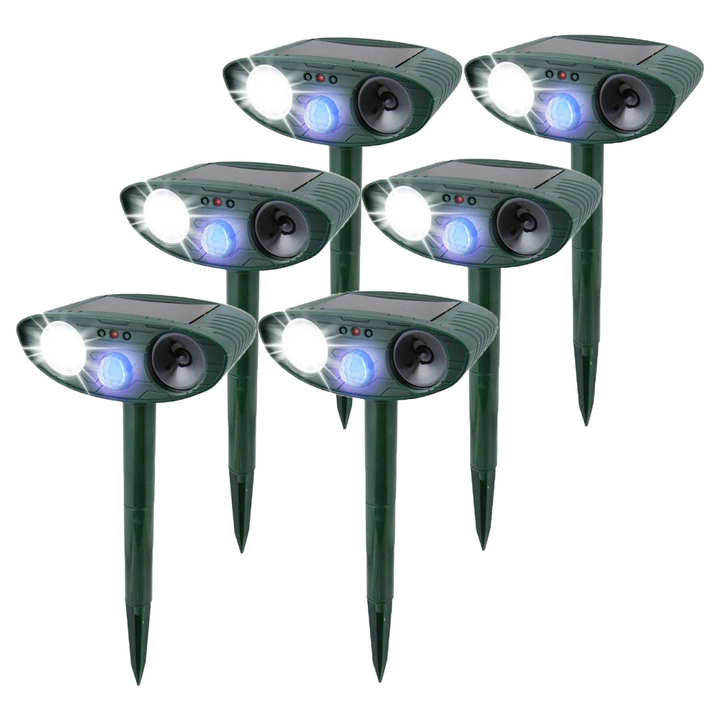 "Solar-powered ultrasonic rabbit repeller with dual sensors and LED lights for effective garden protection against rabbits."