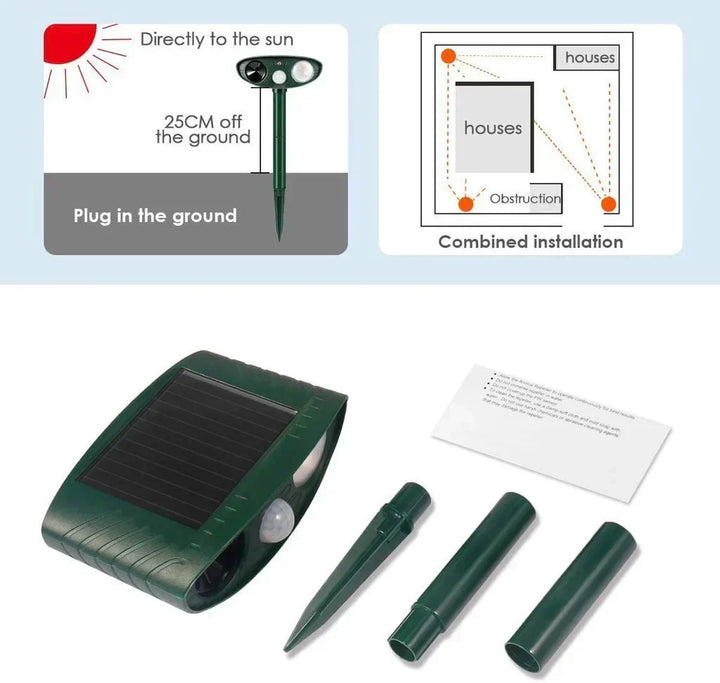 Durable solar-powered ultrasonic deer repeller for year-round garden protection and outdoor safety.