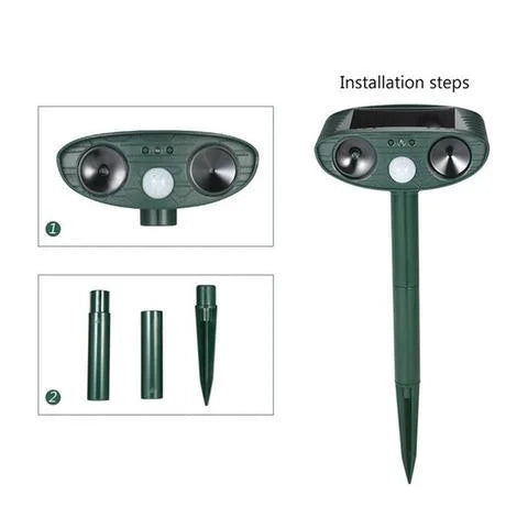 Discreet solar ultrasonic deer repeller blends into garden, protects plants & yard silently.
