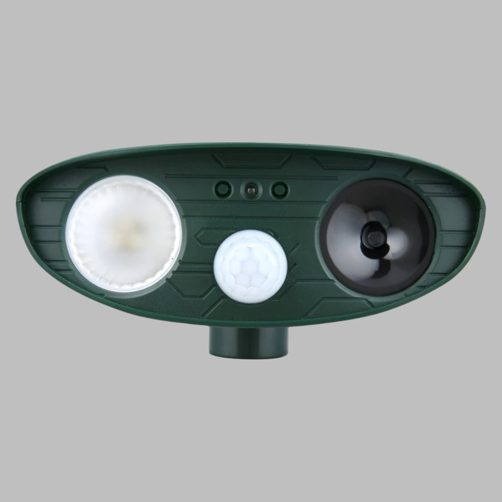 Solar powered ultrasonic rabbit deterrent for gardens. Protects yards from pests.