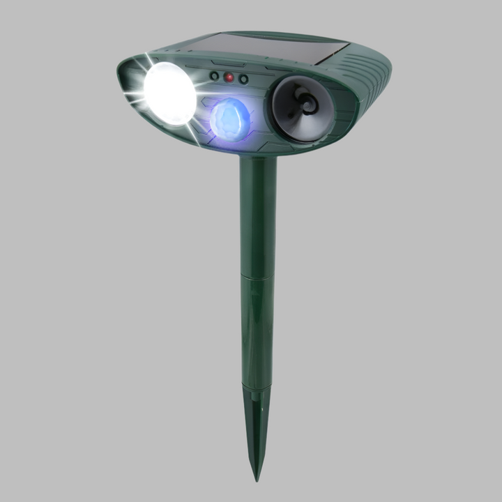 Outdoor solar rabbit deterrent. Ultrasonic wildlife control for garden & yard protection.