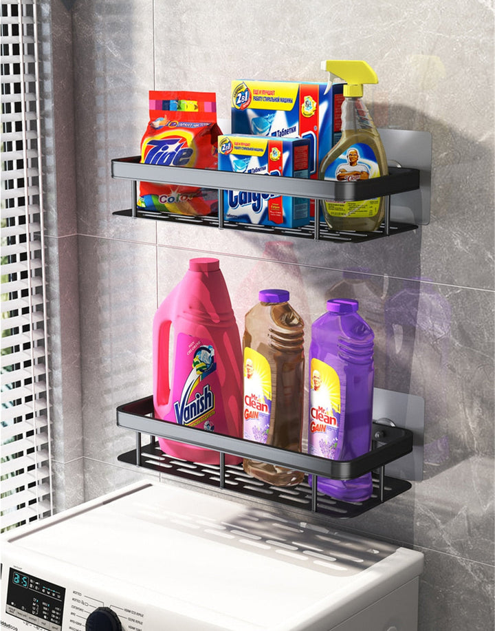 Front view of a sleek black metal suction wall shelf, minimalist bathroom storage.