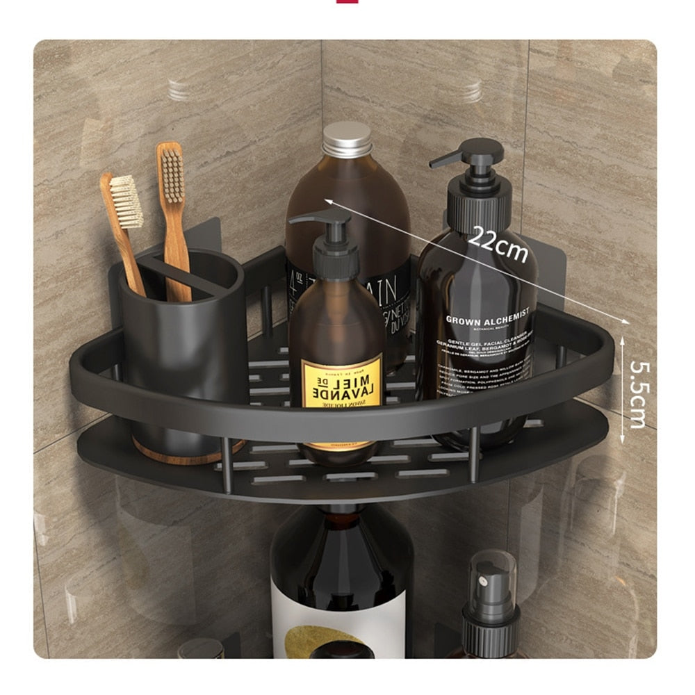 Set of silver metal suction bathroom shelves, comprehensive no-drill storage solution.