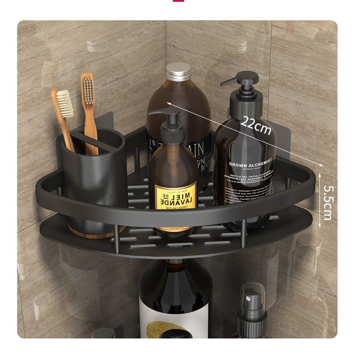 Set of silver metal suction bathroom shelves, comprehensive no-drill storage solution.