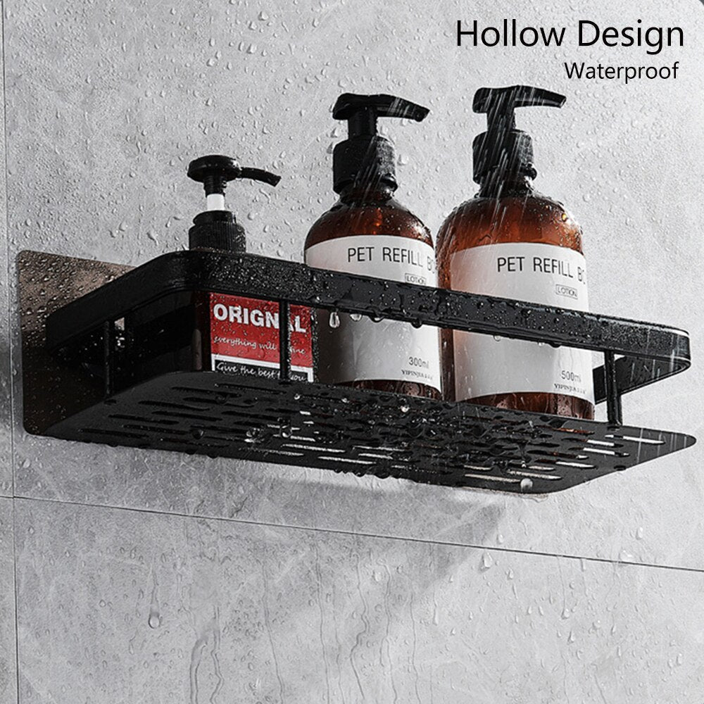 No-drill metal suction shower caddy, easy install bathroom wall storage solution.