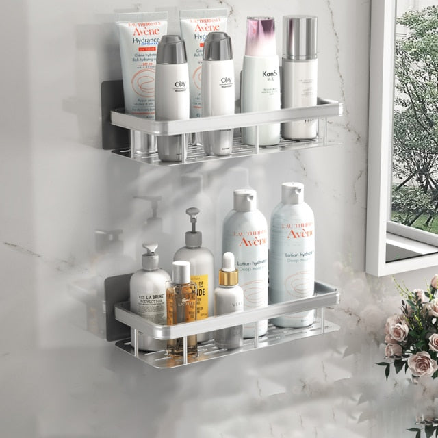 Drill-free metal suction shelf, ideal for rental bathroom storage without damage.
