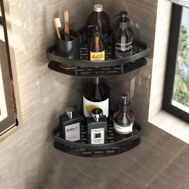 Close-up of silver metal suction bathroom shelf, strong adhesive wall mount.