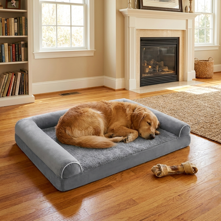 Spacious light gray plush orthopedic pet bed for large dogs, offering superior comfort & support with a washable cover.