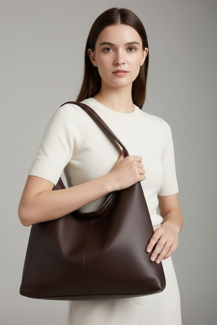 Elegant brown women's tote bag. Spacious everyday shoulder handbag with a zippered main compartment, perfect for accessories.