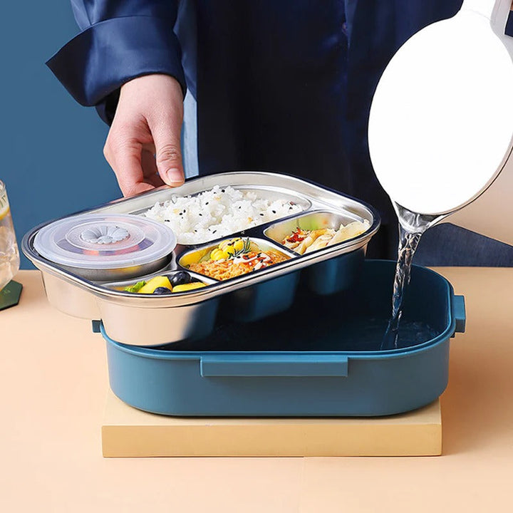 Portable food container, 4 insulated compartments, stainless steel for hot or cold meals.