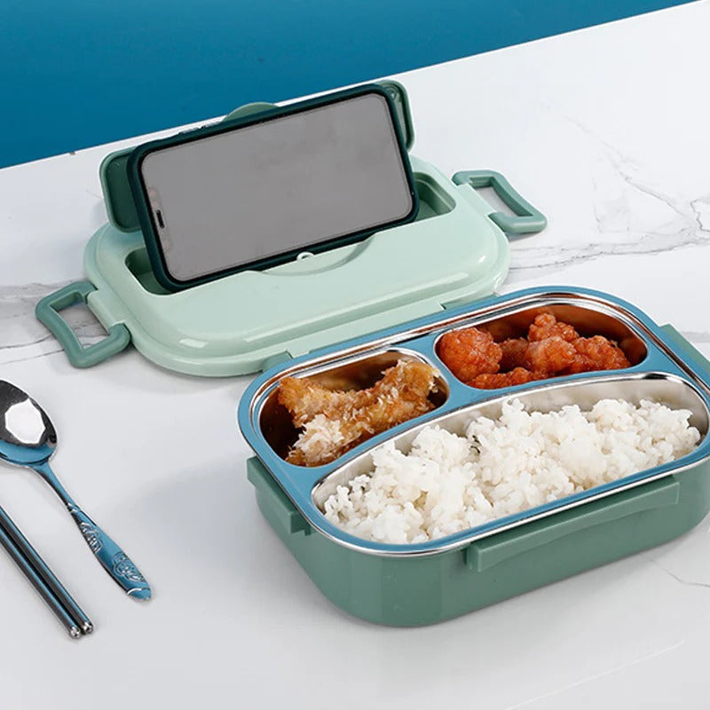 Thermal lunch box for adults & kids, 4 compartments, stainless steel, leakproof design.