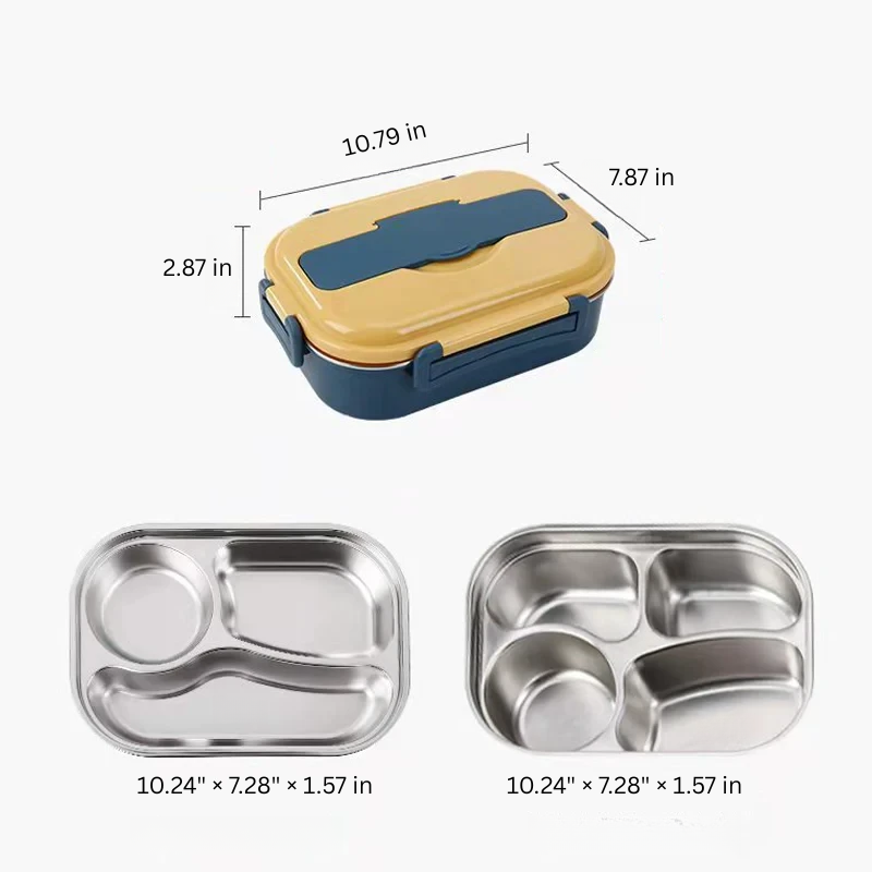 Stylish stainless steel thermal lunchbox, 4 sections, perfect for organized hot meals.