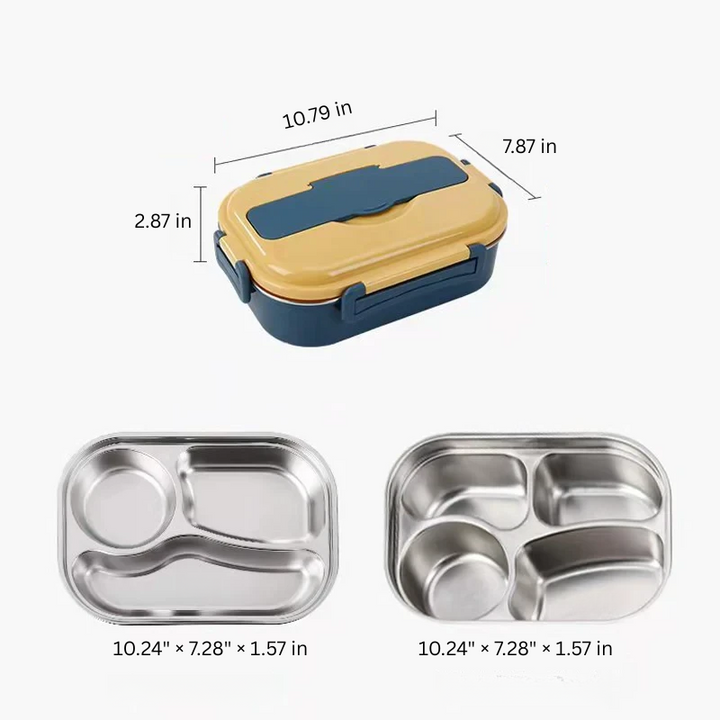 Stylish stainless steel thermal lunchbox, 4 sections, perfect for organized hot meals.
