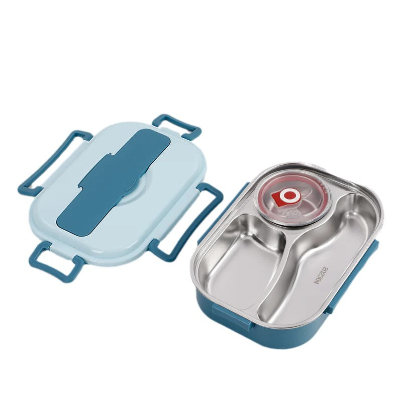 Multi-compartment thermal lunchbox, stainless steel interior, keeps food hot.
