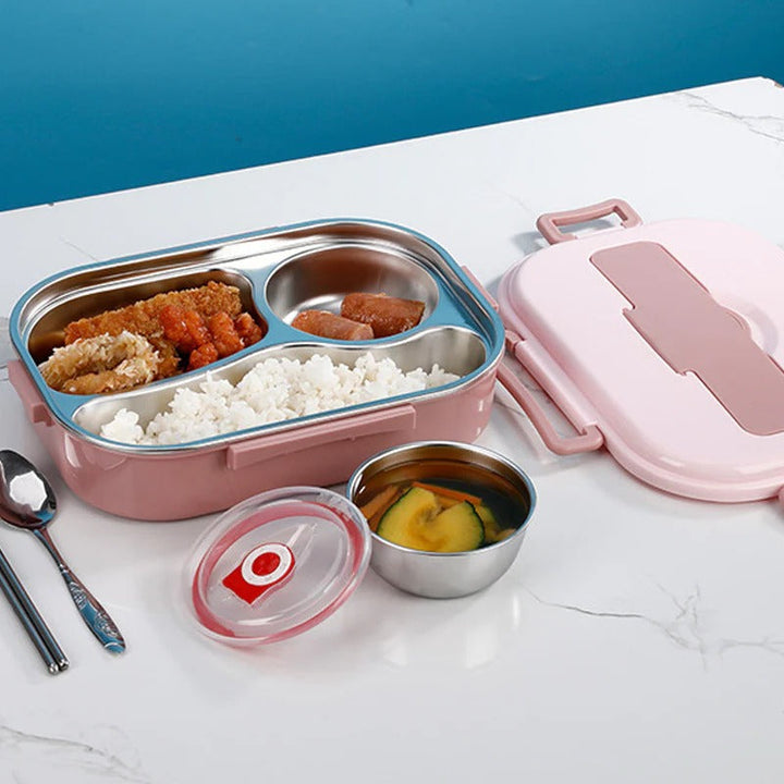 Leakproof 4-compartment bento lunch box, stainless steel, ideal for portable meals.