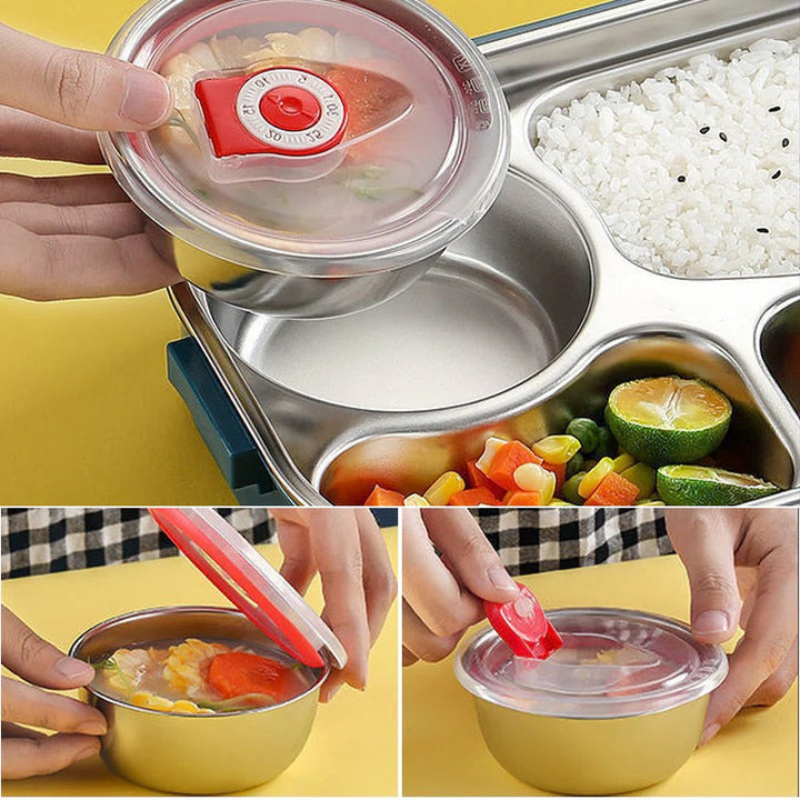 Durable thermal food storage container, 4 sections, stainless steel for hot meals.